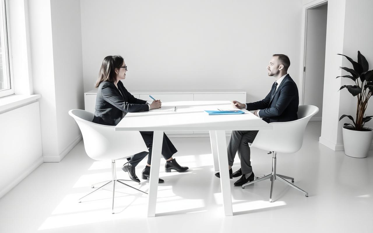 Two colleagues in a one-on-one coaching conversation at a table in a minimal, light-filled office