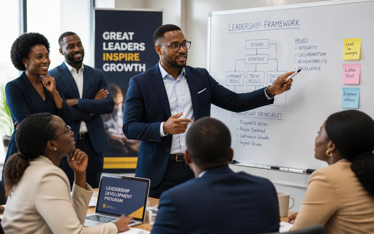 Black African business professionals collaborating around a leadership framework whiteboard in a bright modern meeting room
