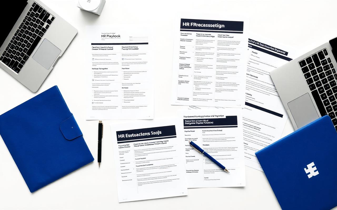 Flat lay of printed people-systems playbook documents, scorecards, and a notebook on a white desk